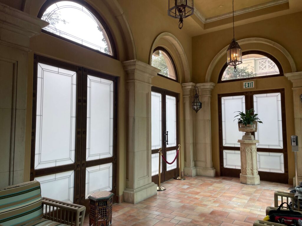 Frosted privacy window film on arched French doors in a Las Vegas home