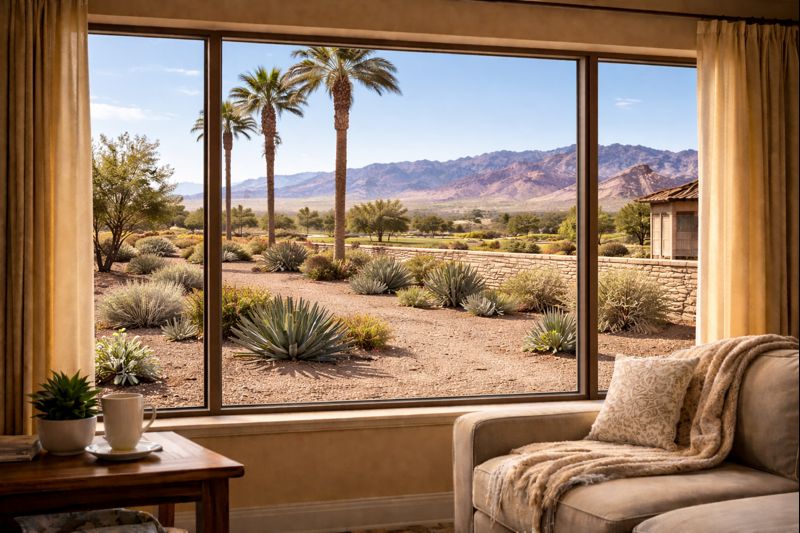 Residential living room with window film overlooking a Las Vegas desert landscape, helping reduce winter heat loss and improve indoor comfort.