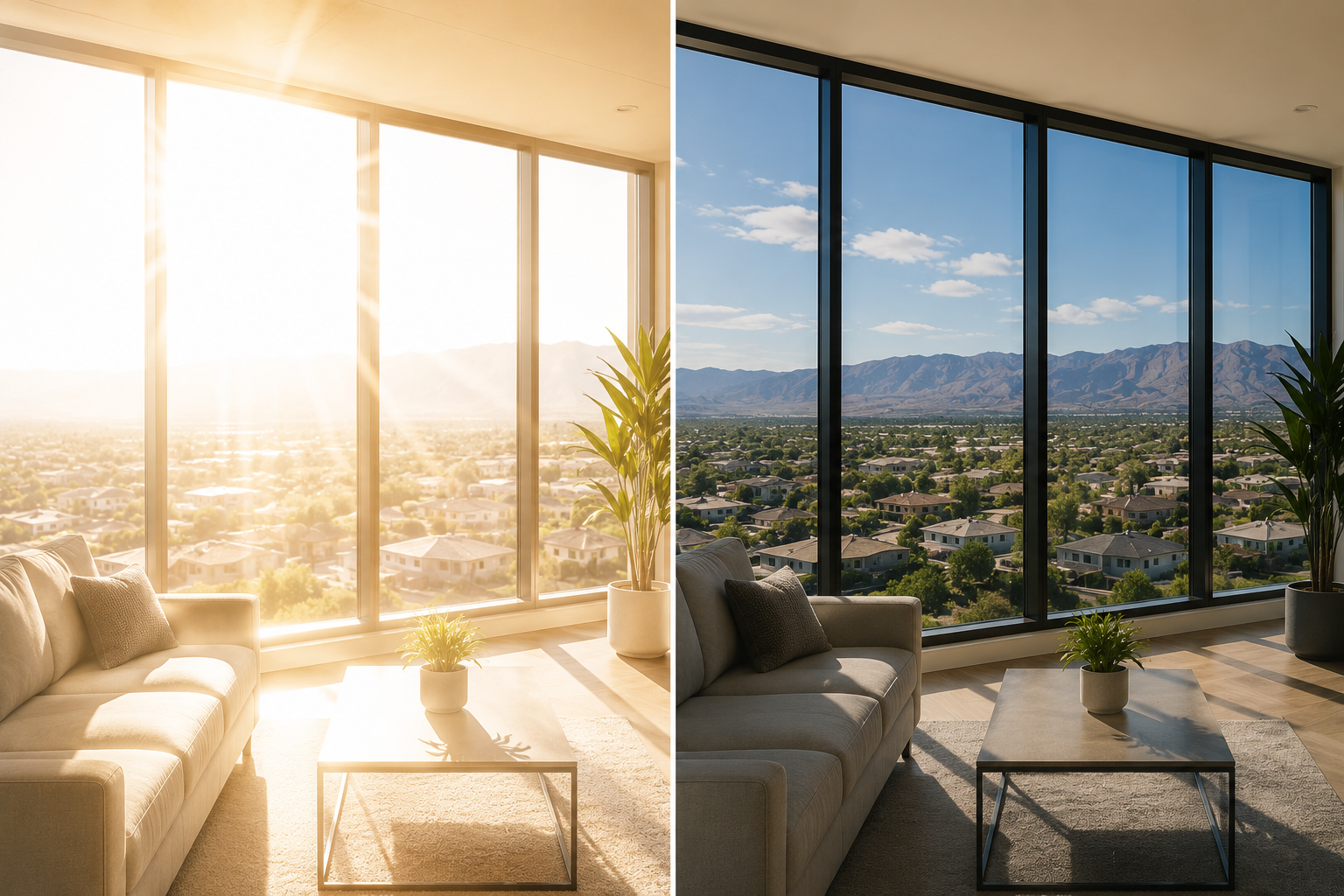 Modern split-view living room comparison showing excessive summer glare through untreated windows on one side and balanced natural lighting with solar window film on the other, overlooking a residential landscape and mountains.