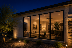 Reflective window film at night on a modern Las Vegas home with interior lights showing reduced nighttime privacy through large windows.