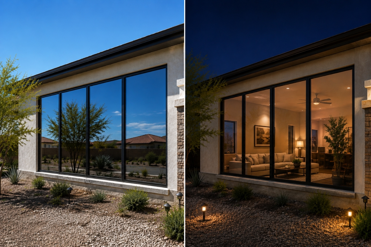 Reflective window film on a Las Vegas home showing daytime privacy compared with reduced nighttime privacy when interior lights are on.